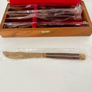 Jean-Claude Mid Century Rosewood and Bronze 6 Steak Knives New in Wooden Box